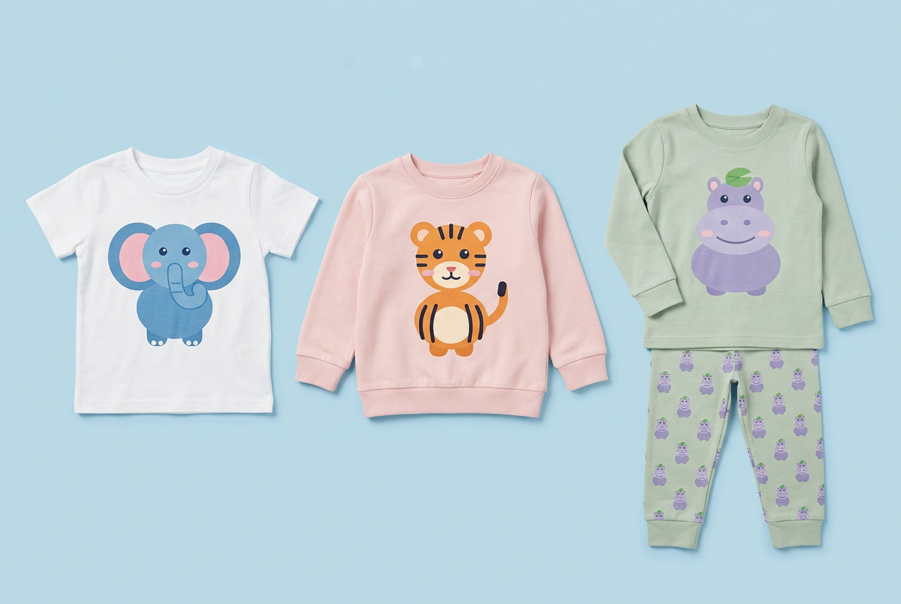 Produktförslag på barnkläder: vit T-shirt med Olle, rosa tröja med Tilda och grön pyjamas med Holger.