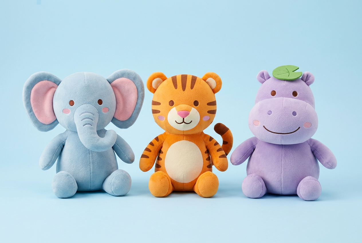 Produktförslag: Olle som blå elefant, Tilda som orange tiger och Holger som lila flodhäst med näckrosblad, i form av gosedjur.
